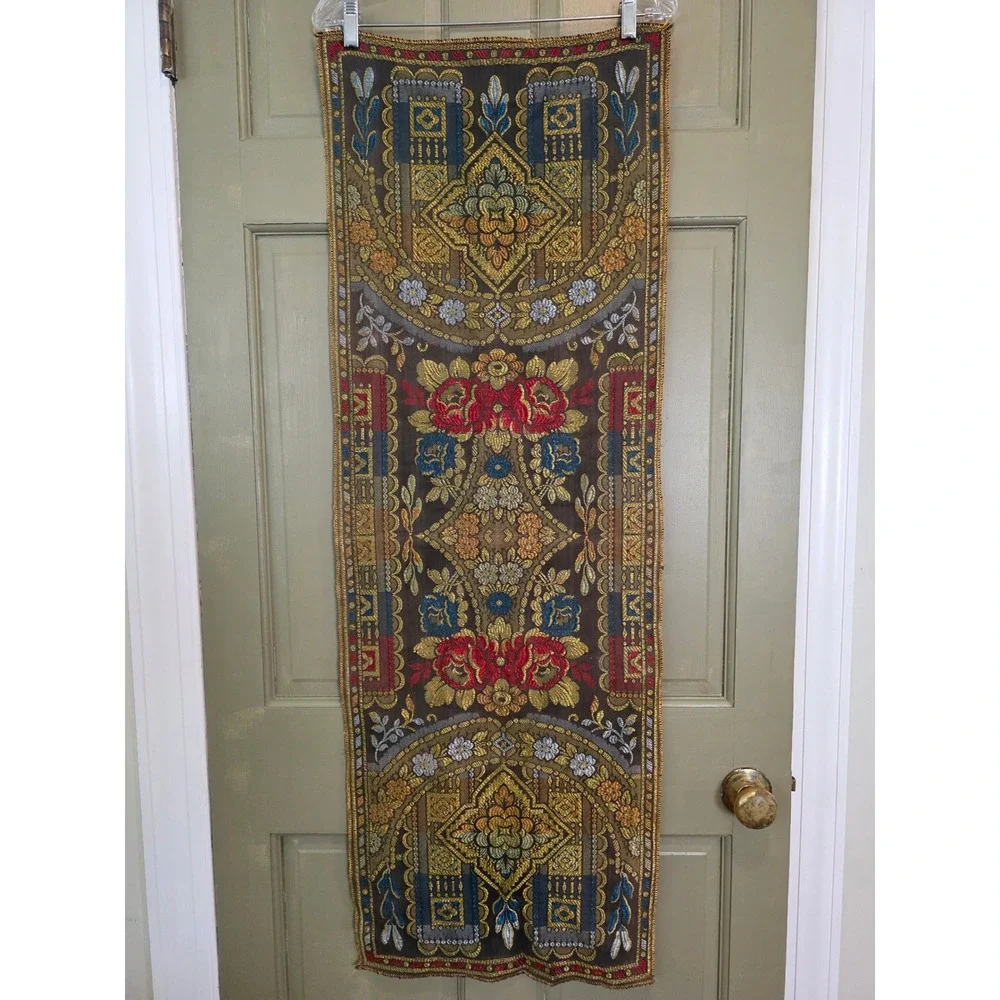 Vintage Woven Tapestry Floral Damask Table Runner Wall Hanging Gold Red Blue